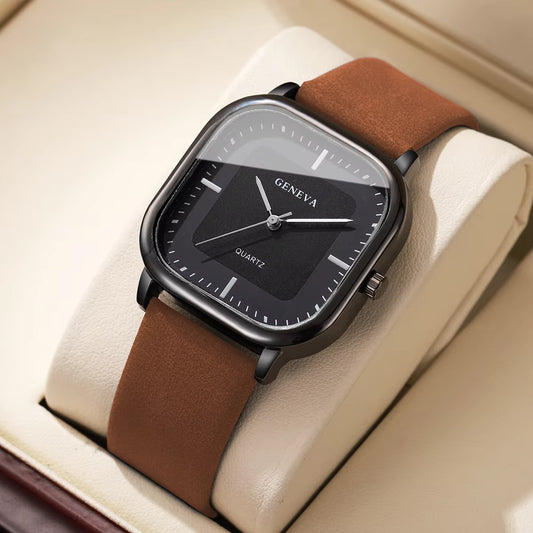 Fashion Square Dial Men's Watches Minimalist Quartz Watch Casual Leather Strap Wristwatch Reloj Hombre（Without Box）